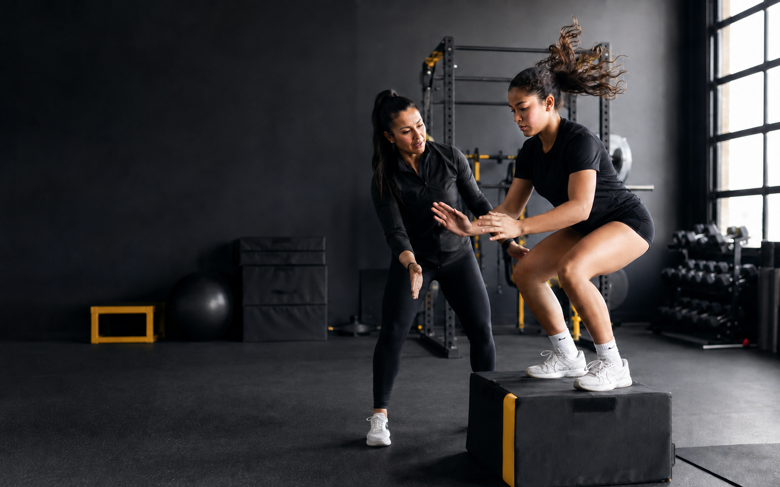 A performance coach guiding a young athlete through a landing drill
